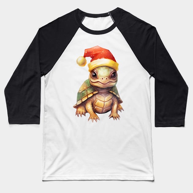 Eastern Box Turtle in Santa Hat Baseball T-Shirt by Chromatic Fusion Studio
